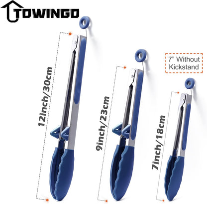 Kitchen Tongs for Cooking with Silicone Tips, 3 Size Serving Tongs, Blue