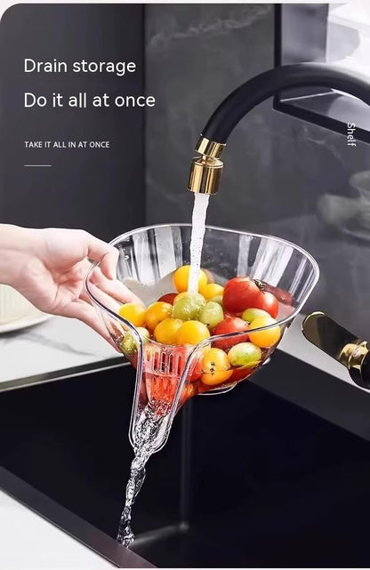 2PCS Multi-functional Drain Basket, Drainage Basket Funnel, Multifunctional Fruits Vegetables Draining Bowl Washing Colander Kitchen Food Strainer (transparent)