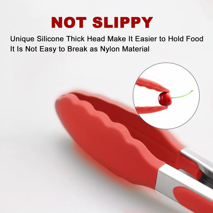 2 Pack Silicone Kitchen Tongs, 9 & 12 Inch, Stainless Steel, Red
