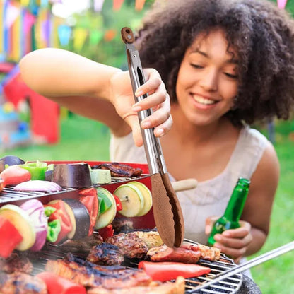 Wooden Tongs - Premium Food Wood Serving Tongs with Non-Slip Grip, Heat Resistant Kitchen Tools Ideal for BBQ, Salad, Toaster, Bread, Pickles and Flipping Burgers(Silver+Brown)