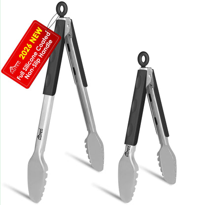 Hotec Tongs for Cooking Stainless Steel Kitchen Tongs Set of 2-9" and 12"