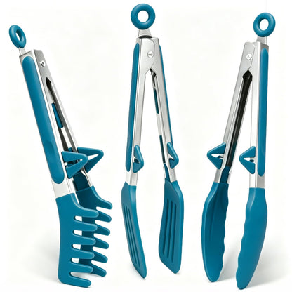 9" Kitchen Tongs for cooking with Silicone Tips, 3Pcs Serving Tongs, Blue