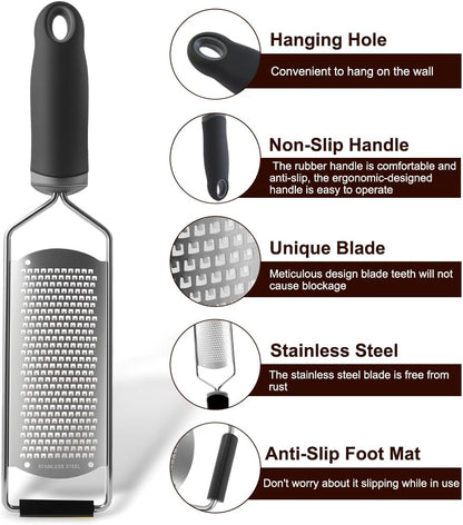 Upgraded Lemon Zester & Cheese Grater, Food Grade Stainless Steel None-Slip Hand Fine Grater for Garlic, Ginger, and Chocolate, Durable and Easy-To-Clean（Dishwasher Safe）