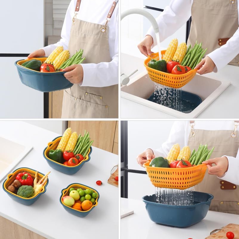 6Pcs Double-Layer Fruit and Vegetable Draining Basket Set Stackable Pp Kitchen Colander Baskets with Handles Assorted Color