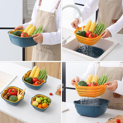 6Pcs Double-Layer Fruit and Vegetable Draining Basket Set Stackable Pp Kitchen Colander Baskets with Handles Assorted Color