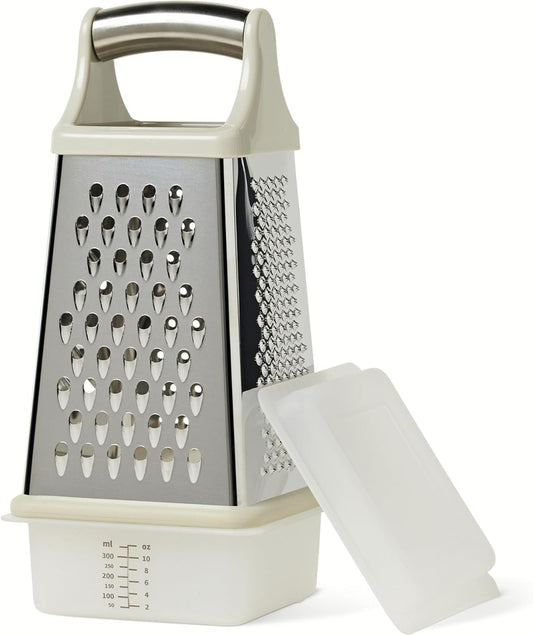 Amazon Basics Cheese Grater, 4-Sided Stainless Steel Box Grater with Measuring Container, Dishwasher-Safe