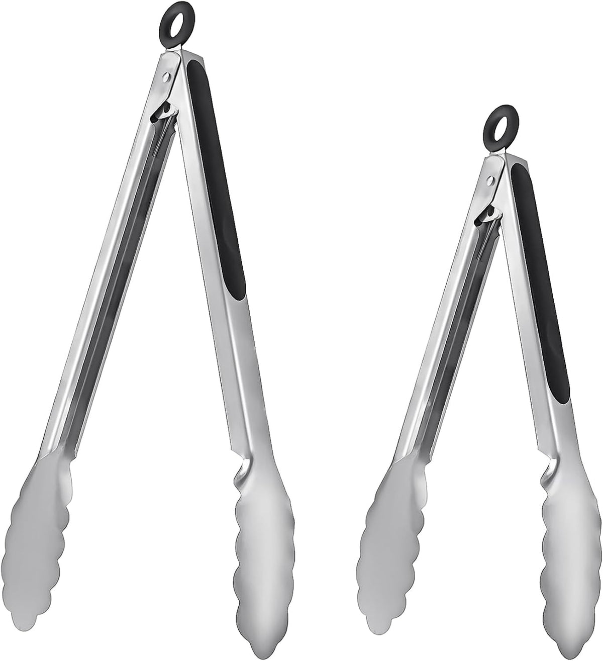 ALLTOP Metal Cooking Tongs,Stainless Steel Food Tong with No-slip Silicon and Locking Ring for Kitchen - 9 &12 inch,Set of 2-Black