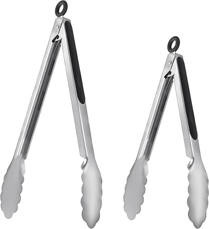 ALLTOP Metal Cooking Tongs,Stainless Steel Food Tong with No-slip Silicon and Locking Ring for Kitchen - 9 &12 inch,Set of 2-Black
