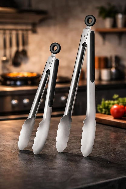 Set of 2 Stainless Steel Tongs with Scalloped Edges Easy Lock Dishwasher Safe Durable and Versatile 14 Inch and 9 Inch Silver