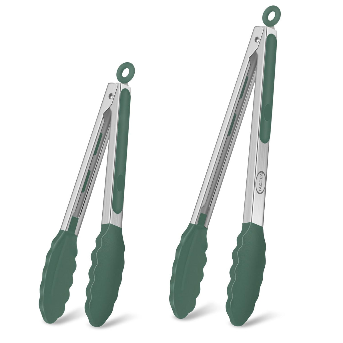TACGEA Stainless Steel Kitchen Tongs with Silicone Tips, Locking Grilling Food Tongs, 9" and 12", Set of 2 Black