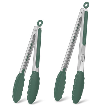TACGEA Stainless Steel Kitchen Tongs with Silicone Tips, Locking Grilling Food Tongs, 9" and 12", Set of 2 Black