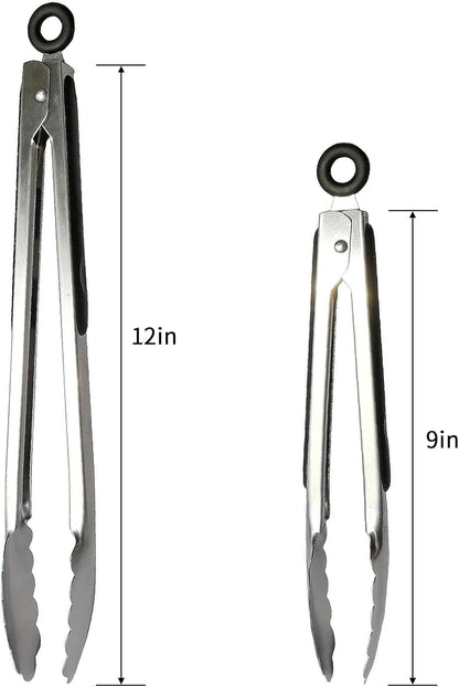ALLTOP Metal Cooking Tongs,Stainless Steel Food Tong with No-slip Silicon and Locking Ring for Kitchen - 9 &12 inch,Set of 2-Black