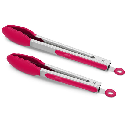 2 Pack Silicone Kitchen Tongs, 9 & 12 Inch, Stainless Steel, Red