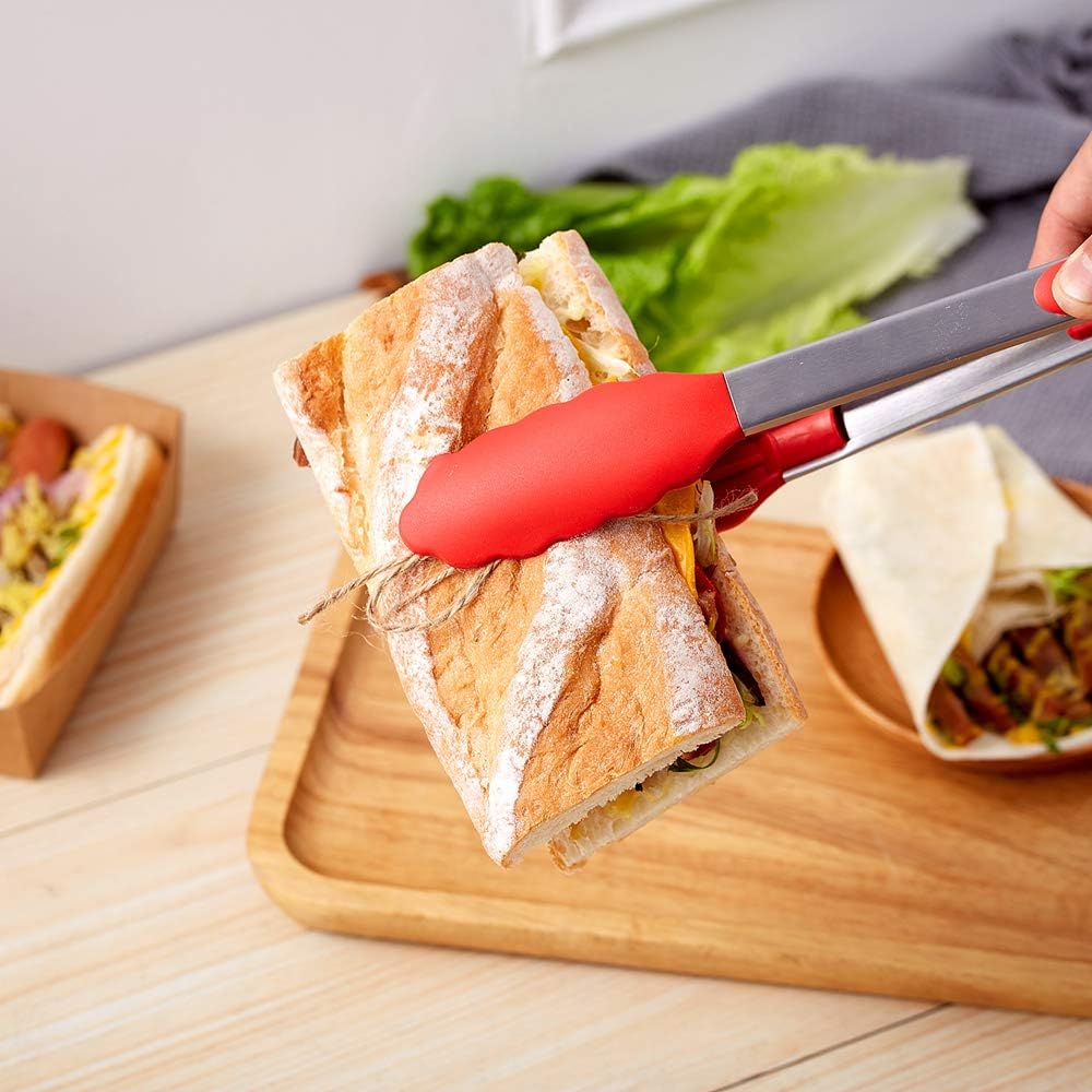 Kitchen Tongs Set of 2 – 9 inch & 12 inch – Stainless Steel Food Tongs with Silicone Tips – Premium Locking Non-stick Tongs for Cooking, BBQ, Grilling, Salad - Heavy Duty, BPA Free(Red)
