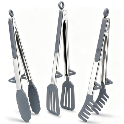 9" Kitchen Tongs for cooking with Silicone Tips, 3Pcs Serving Tongs, Blue