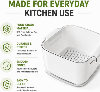 Double Layer Draining Basket for Kitchen, Fruit & Vegetable Washing Colander with Water Catch Tray, Food Grade Drain Basket, Large Capacity Produce Washer, Kitchen Strainer Bowl, Easy to Clean