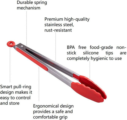 Kitchen Tongs Set of 2 – 9 inch & 12 inch – Stainless Steel Food Tongs with Silicone Tips – Premium Locking Non-stick Tongs for Cooking, BBQ, Grilling, Salad - Heavy Duty, BPA Free(Red)