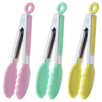 HINMAY Mini Tongs with Silicone Tips 7-Inch Serving Tongs, Set of 3 (Red Blue Green)