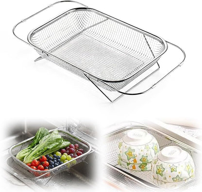 Stainless Steel Over-The-Sink Colander Strainer Basket, Expandable Sink Colander for Kitchen, Vegetable Washing & Food Draining (11.5 * 8.5in)