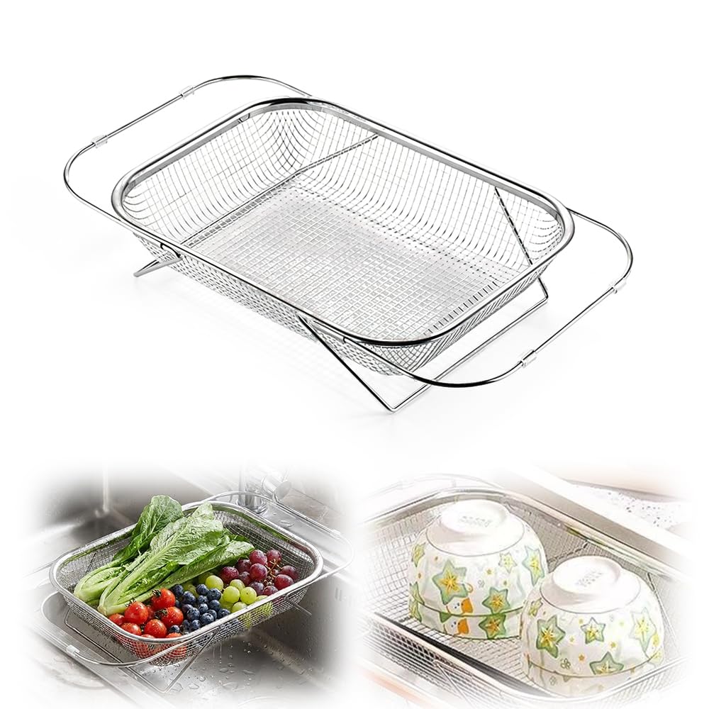 Stainless Steel Over-The-Sink Colander Strainer Basket, Expandable Sink Colander for Kitchen, Vegetable Washing & Food Draining (11.5 * 8.5in)