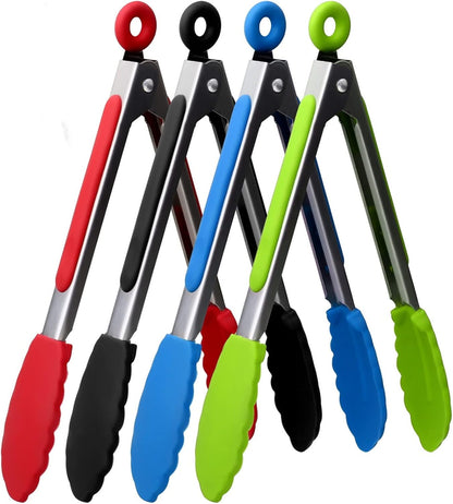 ZHIYE 9” Kitchen Tongs, 4 Pcs Silicone Tongs,Non-Slip Stainless Steel Tongs with Locking Clip for Food, Cooking, BBQ, Serving, Salad, Ice, Heat Resistant Food Grade