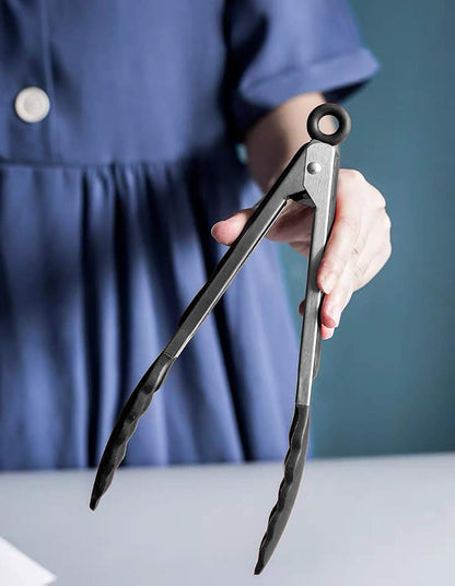 HINMAY Serving Tongs 9" Cooking Tongs with Silicone Tips, Set of 3 (Black)