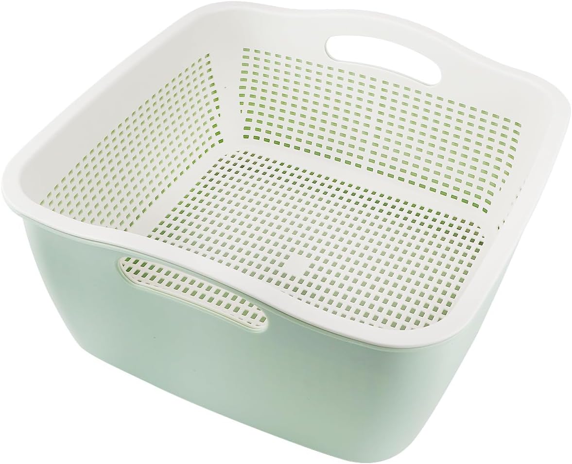 Double Layer Draining Basket,Plastic Fruit Vegetable Wash Rack Cyan