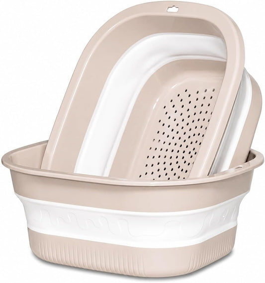 Collapsible Colander & Wash Basin Set, 2-in-1 Foldable Dishpan with Drain Holes, Space-Saving Kitchen Sink Tub for Washing Fruits, Vegetables, Meal Prep & Kitchen Use (Pink)