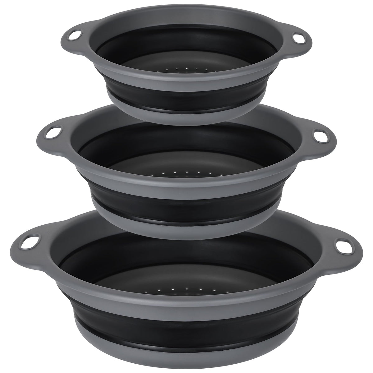 Qimh Collapsible Colander Set of 3 Round Silicone Kitchen Strainer Set - 2 pcs 4 Quart and 1 pcs 2 Quart- Perfect for Draining Pasta, Vegetable and fruit (green,blue, purple)