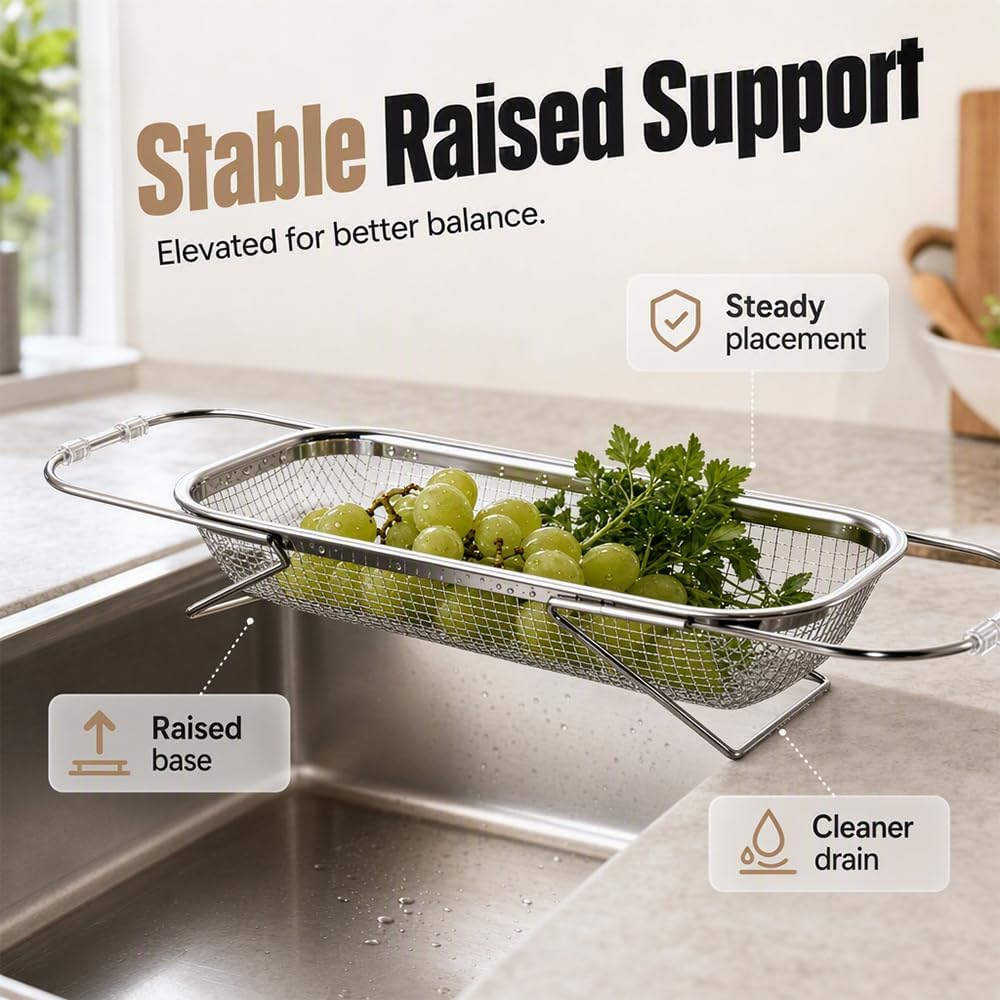 Stainless Steel Over-The-Sink Colander Strainer Basket, Expandable Sink Colander for Kitchen, Vegetable Washing & Food Draining (11.5 * 8.5in)