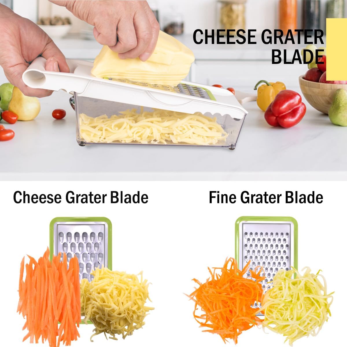 NACOLUS Cheese Grater with Container,5 In 1 Mandoline Slicer for Kitchen,Multi Purpose Vegetable Slicer, Easy to Clean Vegetable Chopper,Cheese Shredder,Julienne Slicer and Peeler