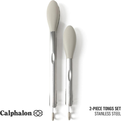 Calphalon Edge Tongs Set, 2-Piece Stainless Steel Kitchen Tongs Set with Silicone Heads, Includes 9-Inch & 12-Inch Heat-Resistant Locking Tongs for Cooking, Grilling & Serving, Taupe