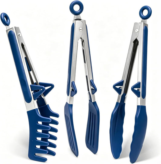 9" Kitchen Tongs for cooking with Silicone Tips, 3Pcs Serving Tongs, Blue