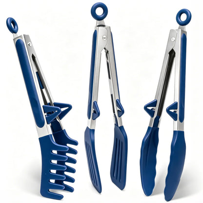 9" Kitchen Tongs for cooking with Silicone Tips, 3Pcs Serving Tongs, Blue