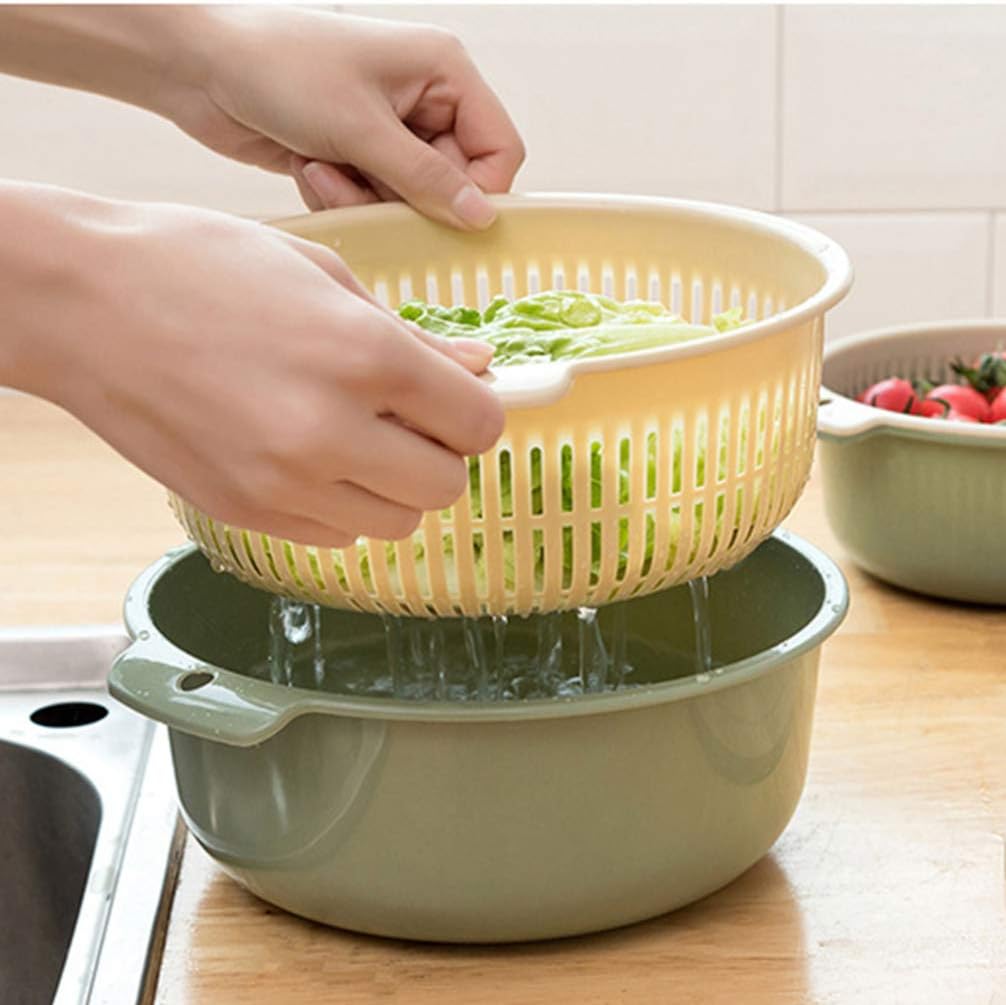 Hemoton Double Layer Draining Basket 6.29 X 6.29 X 2.75 in Plastic Vegetable Washing Basket 360 Rotatable Fruit Strainer and Storage Colander for Rice Produce Kitchen Use