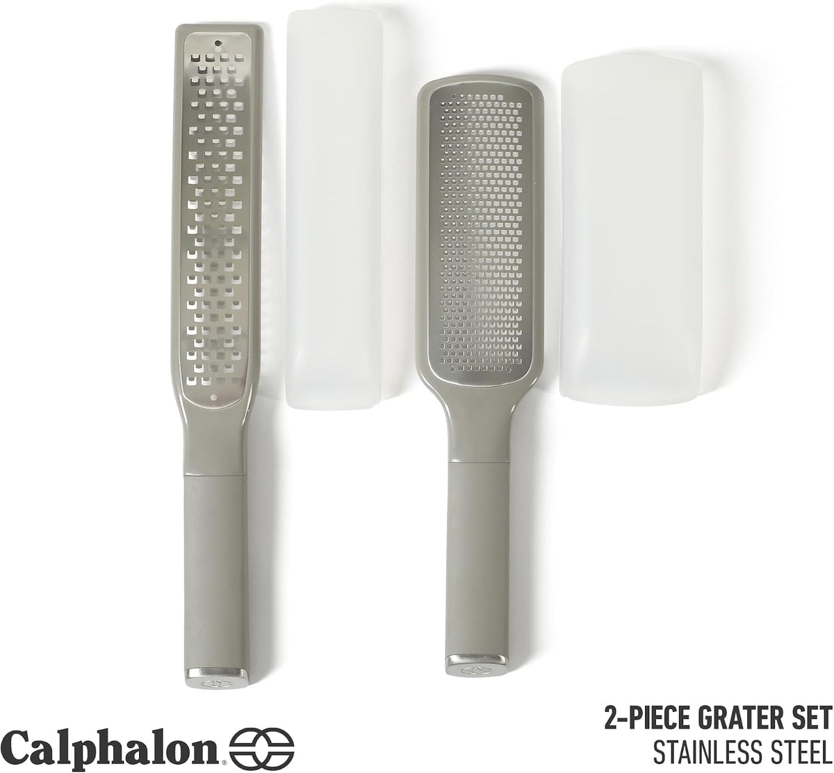 Calphalon Edge 2 Piece Stainless Steel Handheld Cheese Grater and Lemon Zester W/Covers & Rubber Handles - Taupe