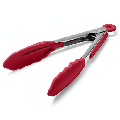 Doosu Kitchen Tongs with Silicone Tips for Cooking Serving (9+12in, Red)