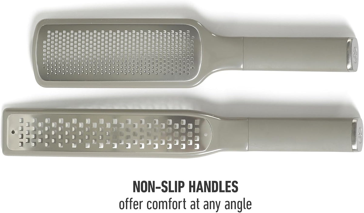 Calphalon Edge 2 Piece Stainless Steel Handheld Cheese Grater and Lemon Zester W/Covers & Rubber Handles - Taupe