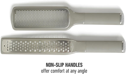 Calphalon Edge 2 Piece Stainless Steel Handheld Cheese Grater and Lemon Zester W/Covers & Rubber Handles - Taupe