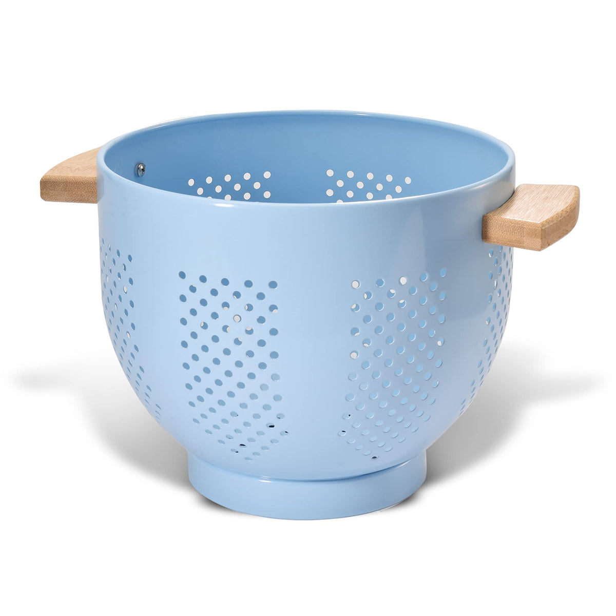 Metal Colander with Wood Handle and Stable Base, Powder Coated Steel Kitchen Strainer Basket for Draining Pasta, Vegetable and fruit(5.5quart,Matte Black)