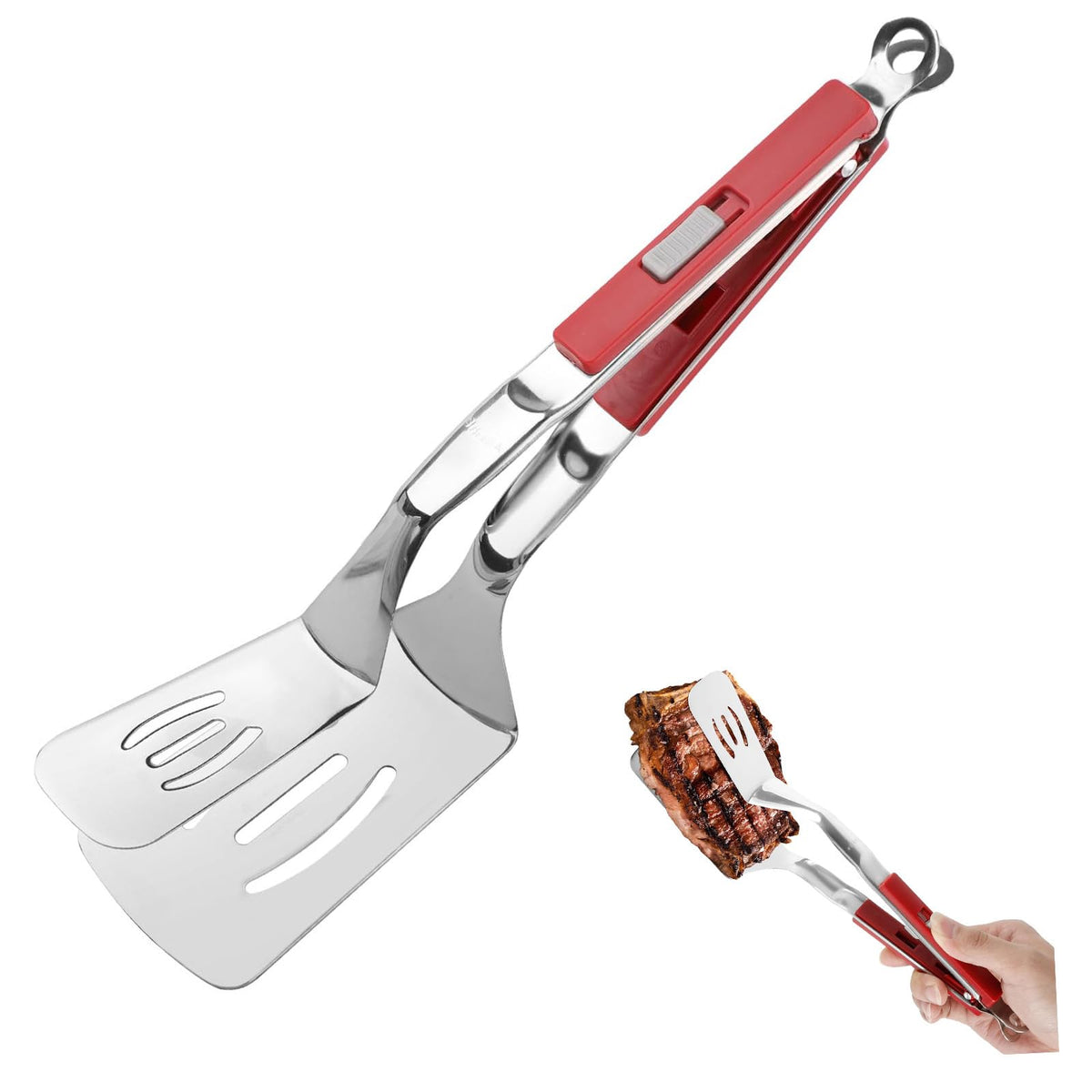 Anti-Scald Extended Handle Spatula Tongs 11.6 Inch Multifunctional Stainless Steel Cooking Tongs Food Shovel Clamp for Flipping Steak Fish Bread Hamburger BBQ Frying Pancake Pies Pizza