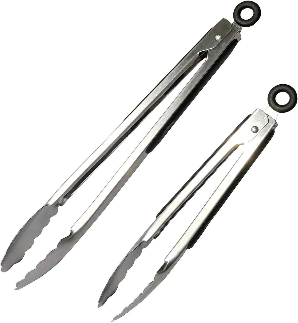 ALLTOP Metal Cooking Tongs,Stainless Steel Food Tong with No-slip Silicon and Locking Ring for Kitchen - 9 &12 inch,Set of 2-Black