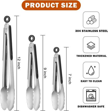 TACGEA Stainless Steel Kitchen Tongs, Silicone Non-slip Grip, Locking Grilling Food Tongs Set of 3-7inch, 9inch and 12inch