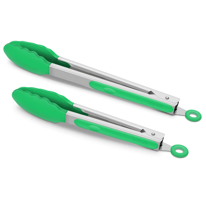 2 Pack Silicone Kitchen Tongs, 9 & 12 Inch, Stainless Steel, Red