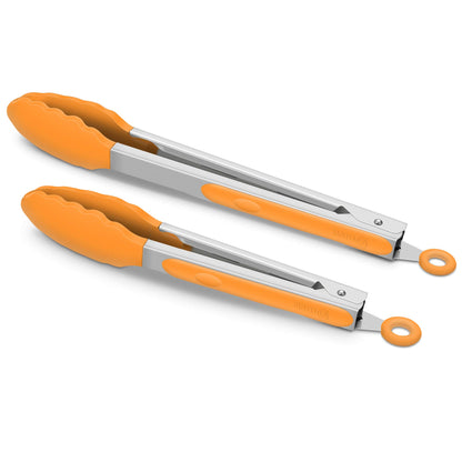 2 Pack Silicone Kitchen Tongs, 9 & 12 Inch, Stainless Steel, Red