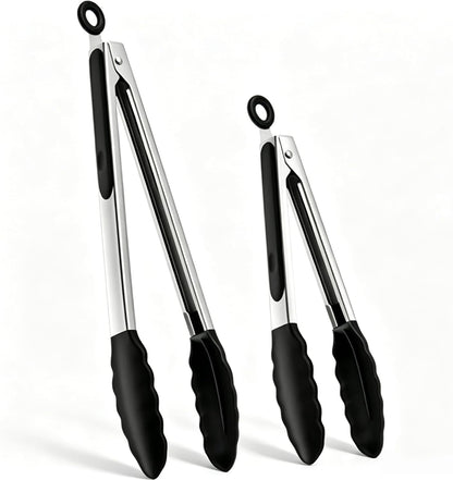 9 & 12 Inch Food Grade Silicone Food Tongs, Heat Resistant Anti-Scald Stainless Steel Kitchen Tongs, Non-Slip Rustproof BBQ Grill Tongs for Salad, Bread, Steak, Buffet, Baking Home Kitchen Use