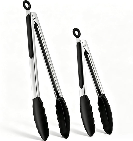 9 & 12 Inch Food Grade Silicone Food Tongs, Heat Resistant Anti-Scald Stainless Steel Kitchen Tongs, Non-Slip Rustproof BBQ Grill Tongs for Salad, Bread, Steak, Buffet, Baking Home Kitchen Use