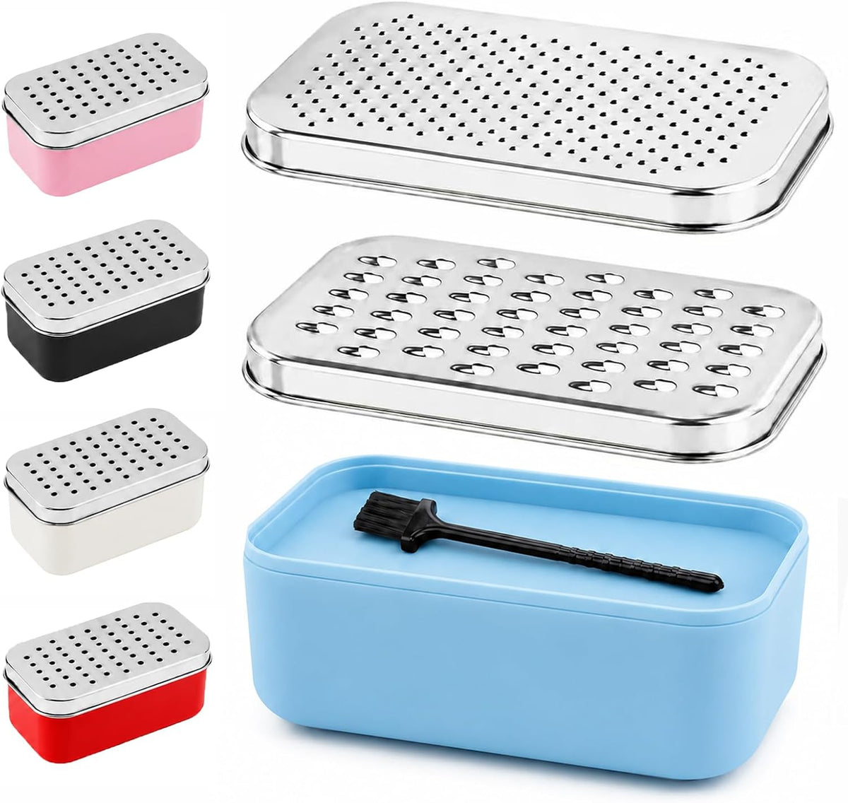 Cheese Grater with Storage Container, Box Grater Stainless Steel for Vegetables, Cheese Shredder 2 Sharp Blades for Fine & Coarse, Non-Slip Base, Lemon Zester, Includes Cleaning Brush (Blue)