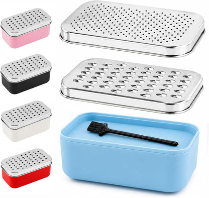 Cheese Grater with Storage Container, Box Grater Stainless Steel for Vegetables, Cheese Shredder 2 Sharp Blades for Fine & Coarse, Non-Slip Base, Lemon Zester, Includes Cleaning Brush (Blue)
