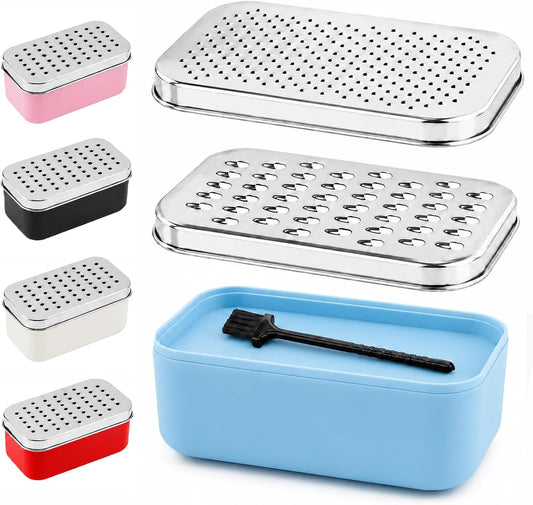Cheese Grater with Storage Container, Box Grater Stainless Steel for Vegetables, Cheese Shredder 2 Sharp Blades for Fine & Coarse, Non-Slip Base, Lemon Zester, Includes Cleaning Brush (Blue)